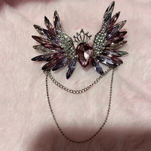 Purple/Silver Crystal Wing Brooch Pin with Chains